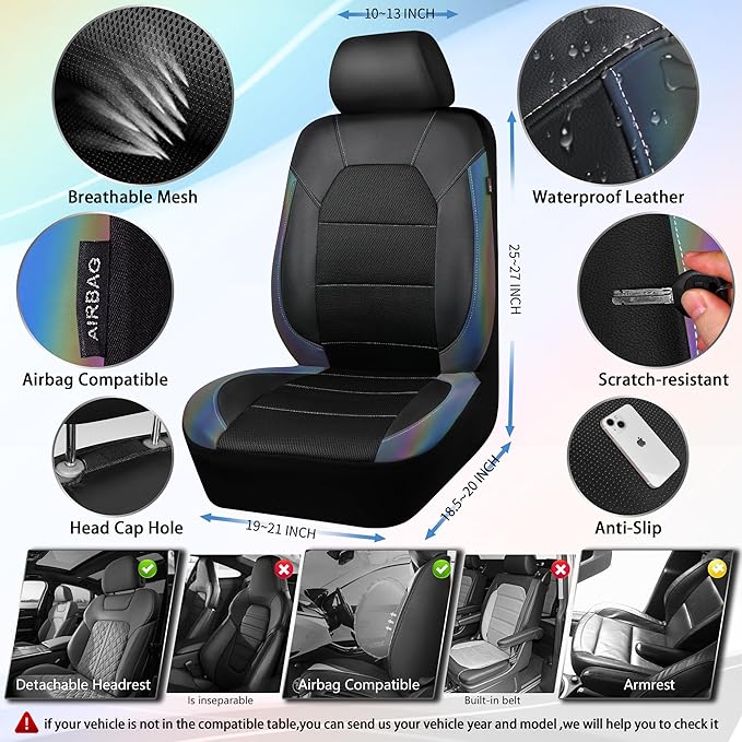 CAR PASS Leather Car Seat Covers Front Seats only, with Air Mesh Front Seat Covers Breathable, Cool Automotive Seat Covers 2 