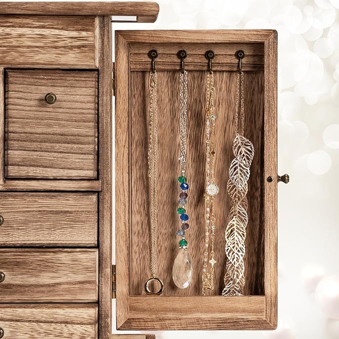Jewelry Box for Women, Rustic Wooden Jewelry Boxes & Organizers with Mirror & Drawers,6 Layer Jewelry Organizer Box for Rings