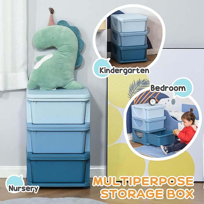 Qaba 3 Tier Kids Storage Unit, Toy Organizers and Storage with 3 Drawer Chest for Kids Bedroom Nursery Kindergarten Living Ro