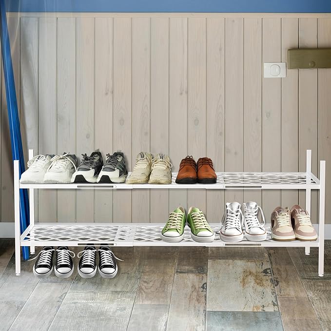 Shoe Rack, Expandable Shoes Organizer Metal Shelf Stand, 2 Tier Stackable Long Shoe Storage Holder For Closet, Floor, Entrywa