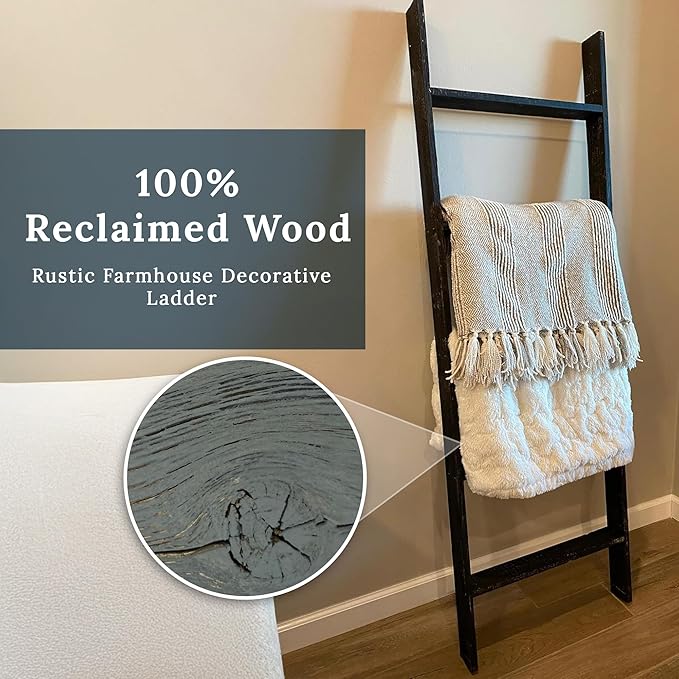 BARNWOODUSA Throw Blanket Ladder – Fully Assembled Reclaimed Wood – Rustic Decorative Ladder for Towels, Quilts, & More – Per