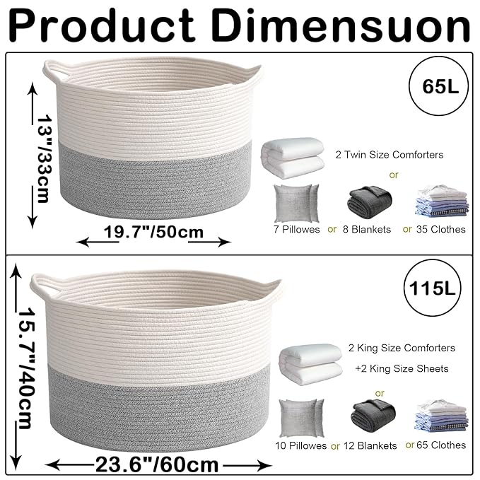 65L Large Woven Cotton Rope Blanket Basket with Handles, Laundry Hamper Storage Bin for Pillows, Comforters,Clothes, Bedroom 