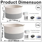 65L Large Woven Cotton Rope Blanket Basket with Handles, Laundry Hamper Storage Bin for Pillows, Comforters,Clothes, Bedroom 