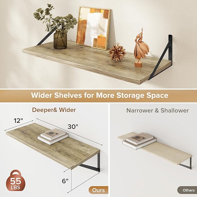 Deep Floating Shelves Wall Mounted, 30"x12" Gray Wall Shelves with Brackets Set of 2 for Bedroom, Living Room, Bathroom, Kitc