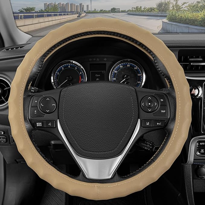 BDK Genuine Beige Leather Steering Wheel Cover for Car, Medium (14.5" - 15.5") – Ergonomic Comfort Grip for Men & Women, Univ
