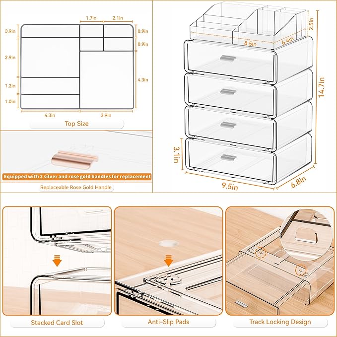 Yieach Clear Acrylic Makeup Organizers Countertop for Dresser,Desk,Bathroom Vanity,5Tier Stackable Make up Holders and Makeup