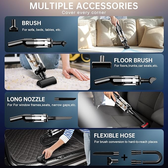 Handheld Vacuum Cordless, Car Vacuum with 16000Pa Powerful Suction, Lightweight at 1.3 lbs, Type-C Charge, Multiple Accessori