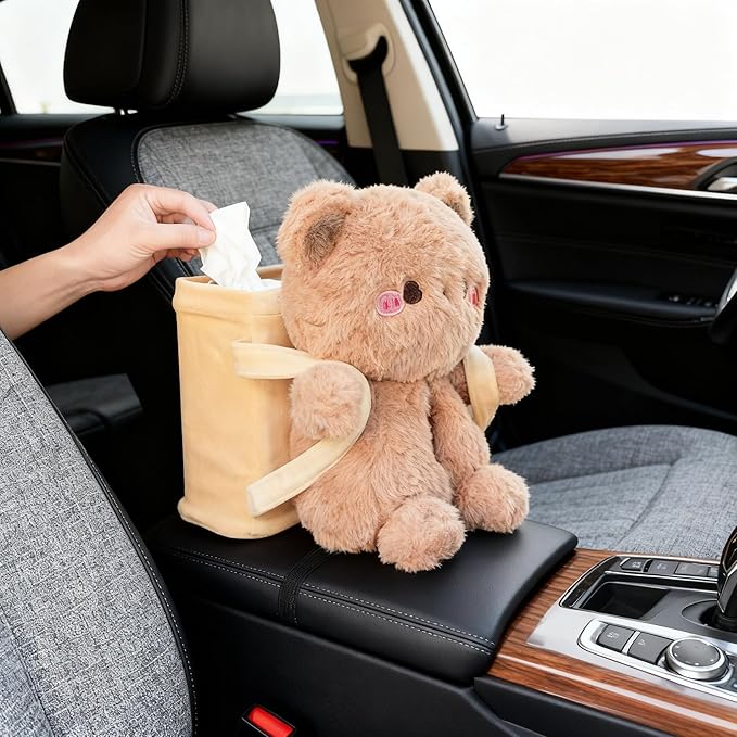 2-in-1 Car Tissue Holder & Trash Bin Organizer Cute Plush Bear/Rabbit/Capybara for Armrest Easy to Install Soft & Adorable (Bear)