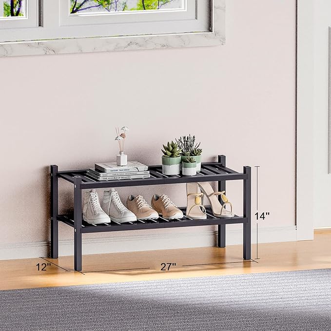 ROMGUAR CRAFT 2 Tier (Thick) Bamboo Shoe Rack for Closet Free Standing Wood Shoe Shelf for Entryway Small Space Stackable 27"