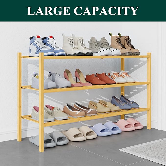 Smiry Bamboo Shoe Rack for Closet, 3 Tier Long Wooden Stackable Shoe Organizer, Free Standing Shoes Storage Shelf for Entrywa