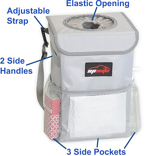 EPAuto Waterproof Car Trash Can with Lid and Storage Pockets, 2.5 Gallon Leakproof, Gray