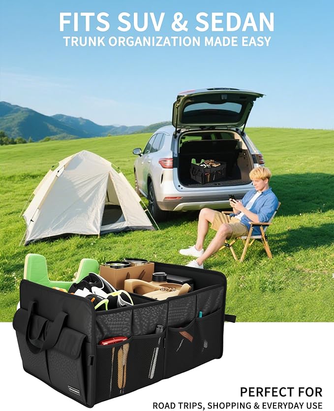 Sturdy Car Trunk Organizer - Large Capacity Trunk Organizer for SUVs & Sedans, Hard-Shell One-Piece Design with Cute Print,