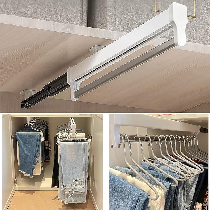 Pull Out Closet Valet Rod, Adjustable Sliding Heavy Duty Steel Top Mounted Clothes Storage Hanger Rail for Closet Wardrobe (3