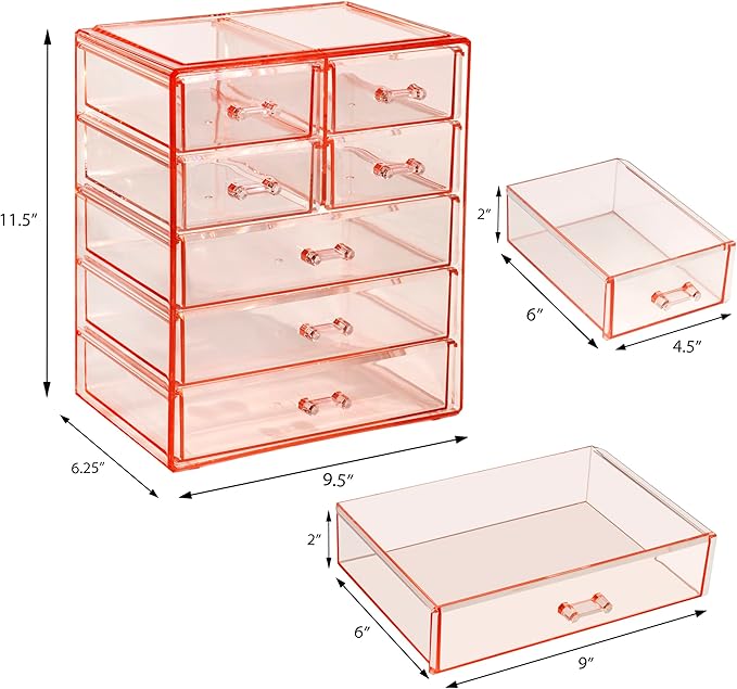 Sorbus Acrylic Makeup Organizer Set, 7-Drawer Vanity & Countertop Cosmetic Storage with Small & Wide Drawers, Pink Makeup Sto