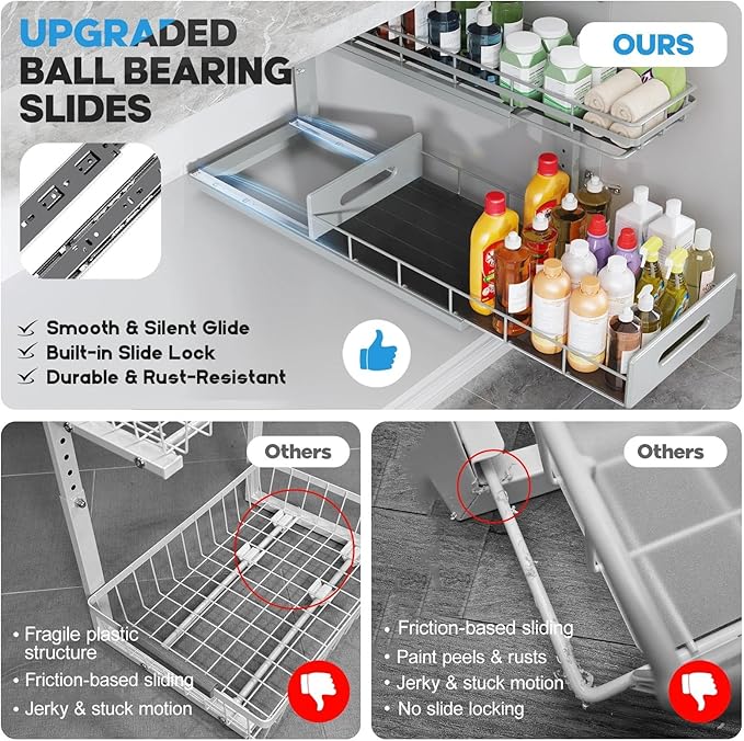 Under Sink Organizer Upgrade To Professional Rails,2-Tier Dual Pull Out Cabinet Storage,Height Adjustable Slide Out Drawers F