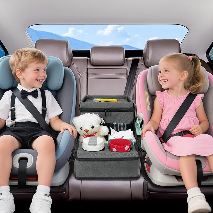 Car Seat Organizer, Backseat Car Organizer with Cup Holder Tray and Storages for Kids and Adults, Portable Travel Cooler for Car for Front or Back Seat Passenger Organizer Ccompartment (Grey)