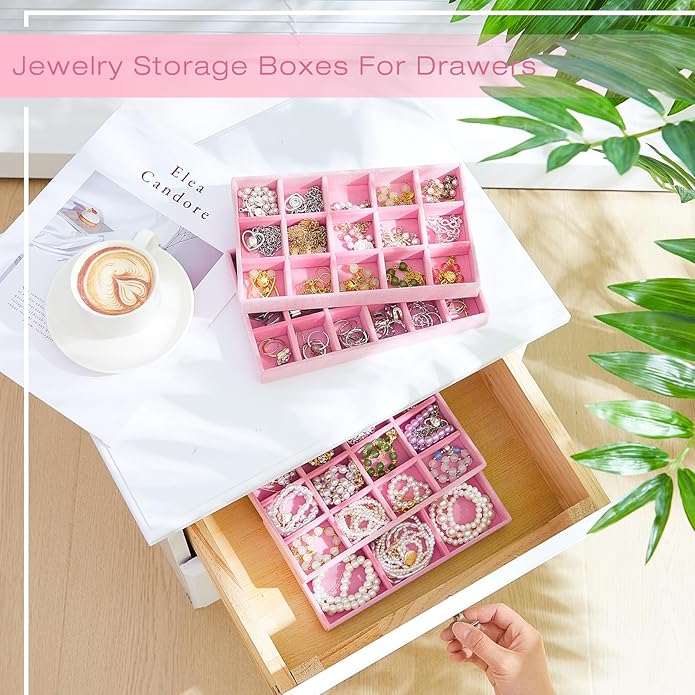 Junkin 12 Pcs Jewelry Tray Velvet Stackable Jewelry Organizer Trays Divided Earring Accessories Storage Containers Box (Rose 