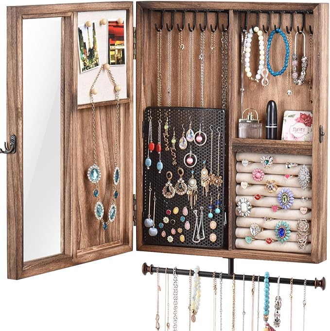 Keebofly Wall Mounted Jewelry Organizer Box Rustic Wood Large Space Jewelry Cabinet Holder Jewelry Storage Box for Necklaces,