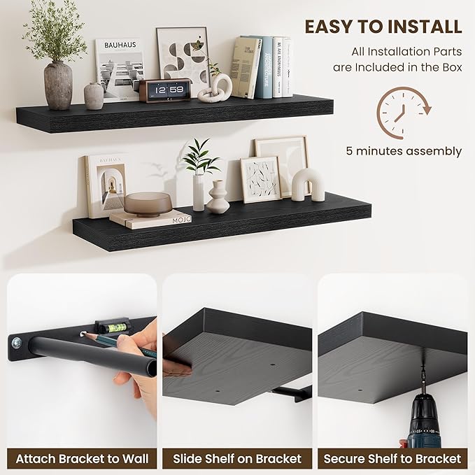 Fun Memories Floating Shelves Set of 2, 40 Inch Long Wooden Wall Shelves, 10 Inch Deep Wall Mounted Storage Shelf with Metal 