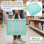 VENO 3 Pack Insulated Cooler Bag, Reusable Grocery Shopping Bag for Food Delivery, Heavy Duty, Large Size, Durable Handles, Double Zippers, Lid, Collapsible (Evergreen, 3 Pack)