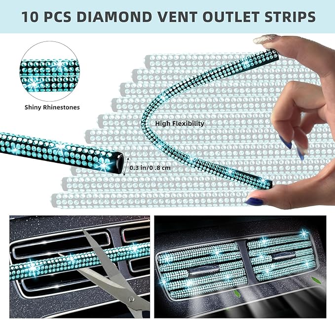 NBTEPEM 30 Pcs Aquamarine Bling Car Accessories Set for Women, Steering Wheel Cover Set, Bling Console Cover, Seat Belt Cushion, Shift Knob Cushion, Cup Coaster, Rhinestone Car Hanging Accessories