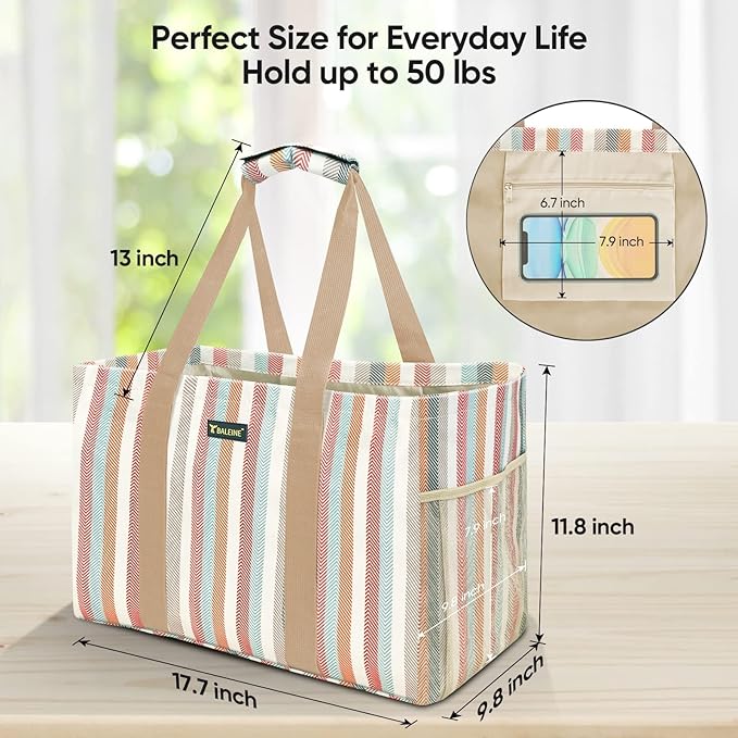 BALEINE Soft 9 Gallon Extra Large Utility Tote, Foldable Reusable Storage Bag (Color Stripe)