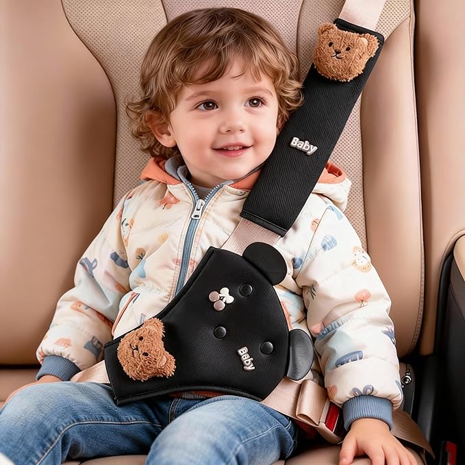 Seat Belt Cover Pad for Kids, Cute Animal Child Seatbelt Covers for Girls and Boys (Bear(Black))