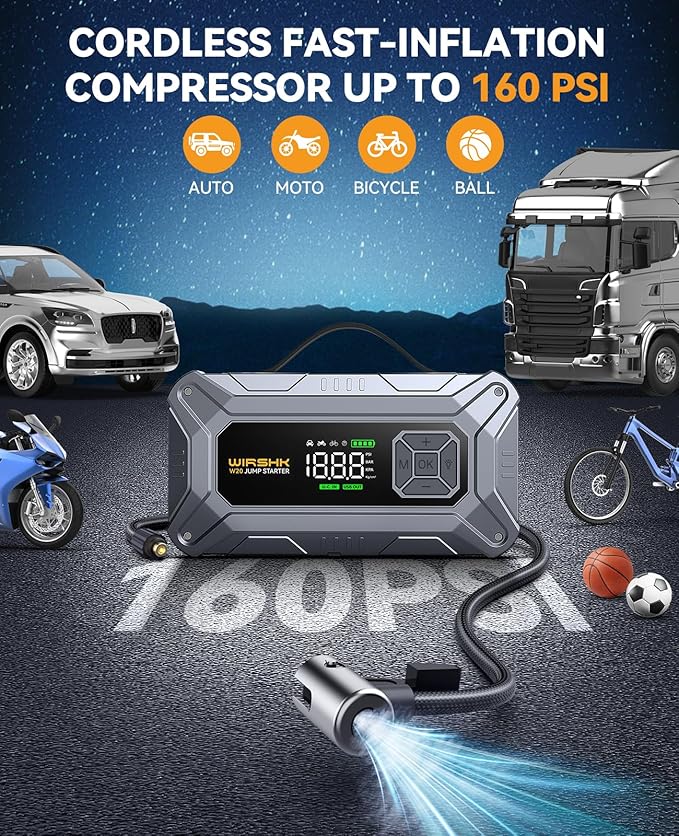 Jump Starter with Air Compressor, 8000A 160PSI Car Jump Starter (8.0 Gas/10.0L Diesel), 12V Battery Jump Starters, Portable