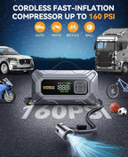 Jump Starter with Air Compressor, 8000A 160PSI Car Jump Starter (8.0 Gas/10.0L Diesel), 12V Battery Jump Starters, Portable