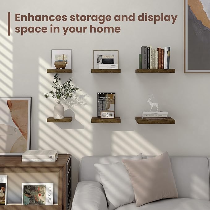 Fun Memories Square Floating Shelves for Wall - 12 Inch Deep Floating Shelves with Invisible Brackets, Brown Small Wall Shelf