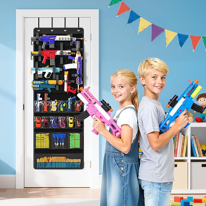 Over Door Toy Gun Storage, Hanging Organizer for Toy Guns, Hanging Toys Organizer with Pockets, Hook&Loop Straps for Foam Bla