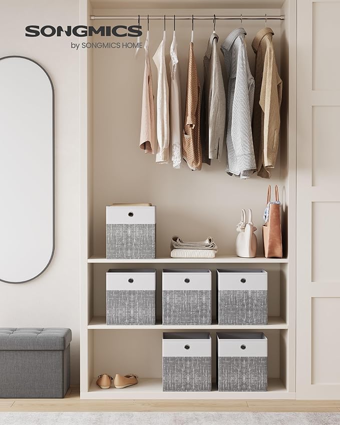 SONGMICS Storage Cubes, Set of 6 Foldable Fabric Storage Boxes, Cube Organizer Boxes with Handles, for Closet Shelves, Odorle