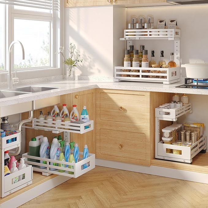 1-Pack Under Sink Organizers and Storage,2-Tier L Shape Pull Out Cabinet Organizer With Round Tube Slide Rails,Hight Adjustab