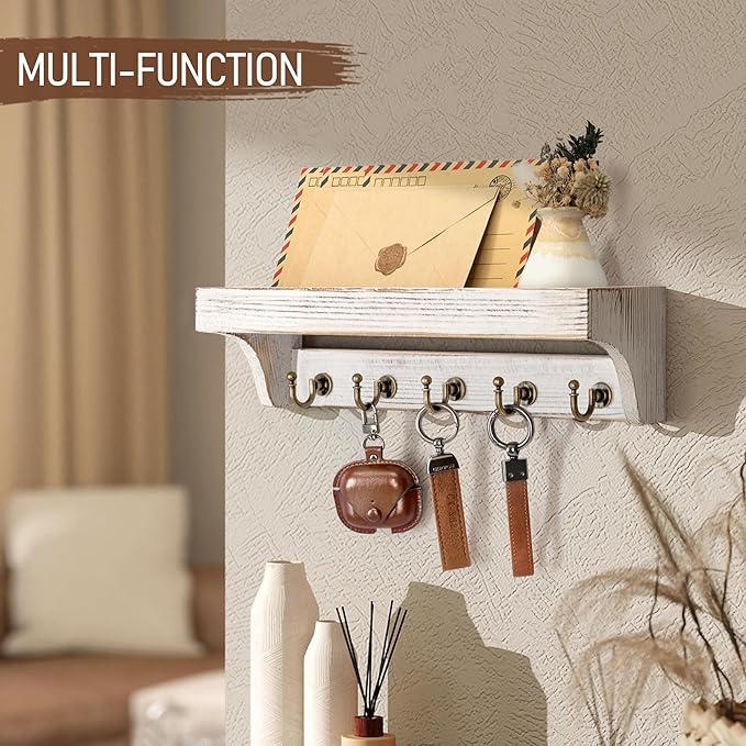 Rebee Vision Pine Wood Key Holder Wall Mount with Shelf for Farmhouse Decor - Rustic Wall Mail Organizer Wall Mounted for Liv