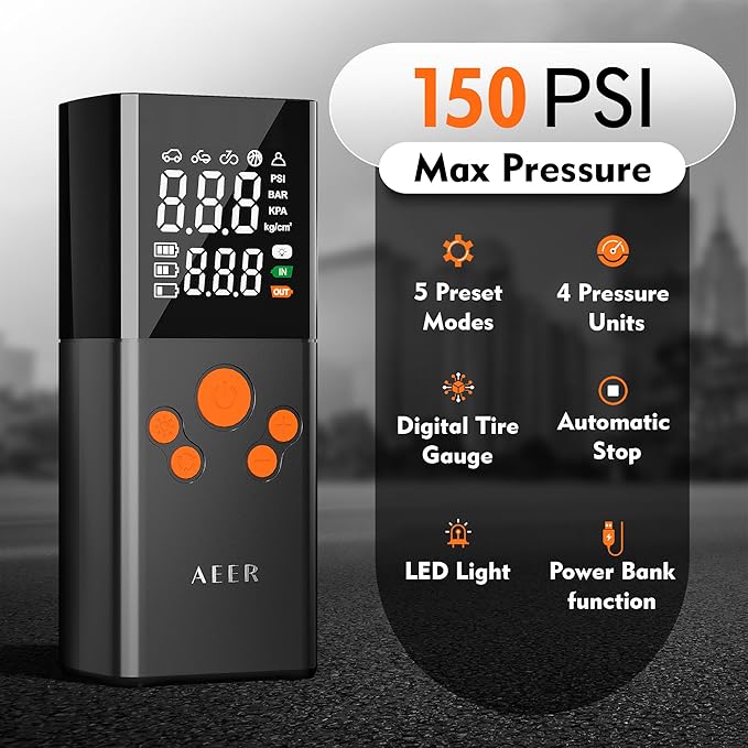 Tire Inflator Portable Air Compressor Air Pump for Car Tires (150 PSI) - Cordless Bike Pump with Tire Pressure Gauge and Motorcycle Tire Inflator with Auto-Shutoff Function