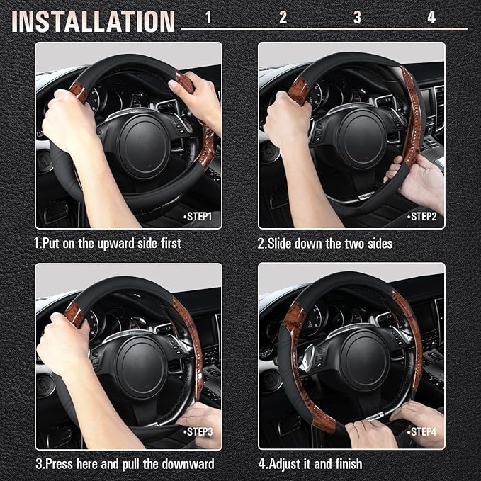 CAR PASS Wood Grain Microfiber Leather Sporty 14.5-15 inch Steering Wheel Cover Universal Fits for 95% Truck,SUV,Cars, Anti-S