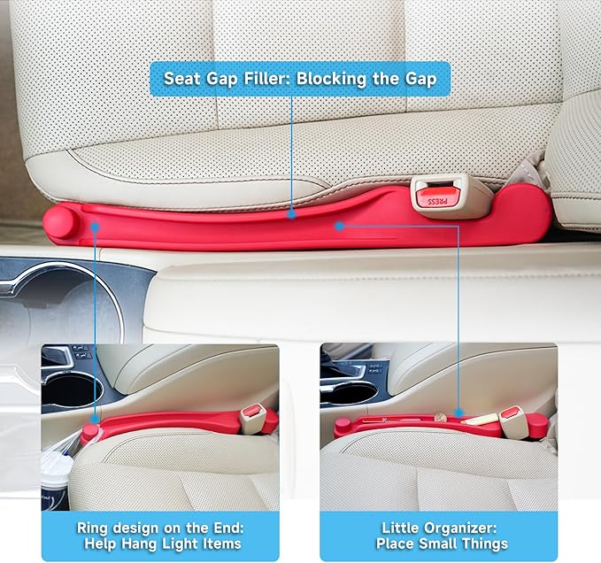 Car Seat Gap Filler Set of 2, 3IN1 Seat Side Gap Filler Plug with Storage Slot & Hook Function, Soft Foam Universal Fit Car SUV Truck Fill Gap Between Seats Console Organizer（Standard Red）