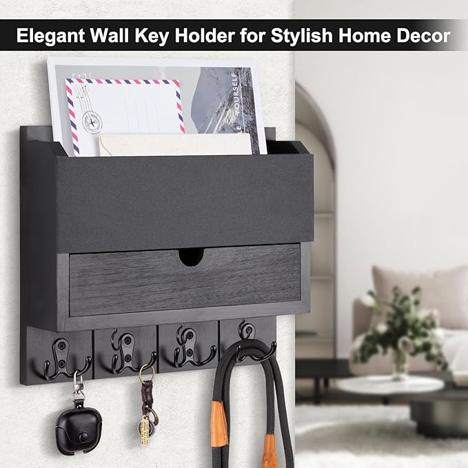 Mail and Key Holder Wall Mount with Storage Drawer – Modern Wooden Mail Organizer for Wall Entryway, 7 Key Hooks & Chalkboard