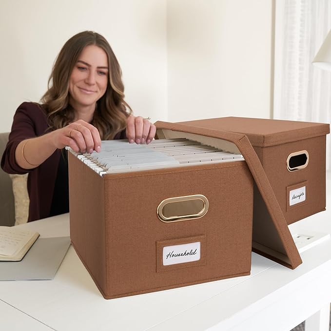 ZICOTO Decorative File Organizer Box Set of 2 - Collapsible Linen Filing Cabinets w/Handles Are Perfect to Store all Your Doc