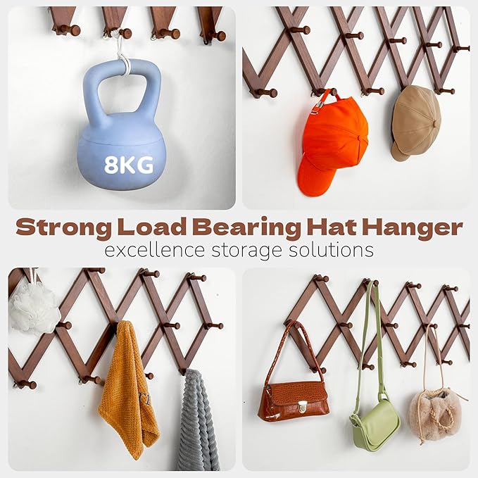 Cozcty Accordion Wall Hanger, Wooden Hat Rack for Wall with 16 Hooks, Expandable Peg Hat Hanger Organizer, Decorative Coat Ra