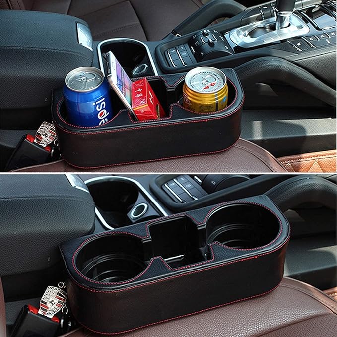 Car Cup Holder, Auto Front Seat Cup Holder, PU Leather Cover Cup Drink Holder, Car Seat Gap Filler Organizer, Side Cup Holder for Car Coin Bucket, Cell Mobile Phone Holder, Black