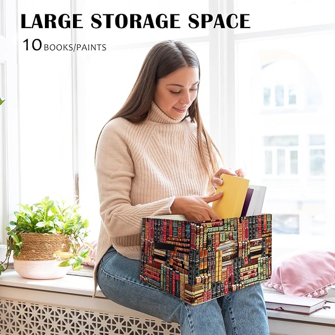 Vintage Library Books Storage Basket Organizer Bins With Handles,Retro Bookish Foldable Organizer Basket Toybox for Reading C