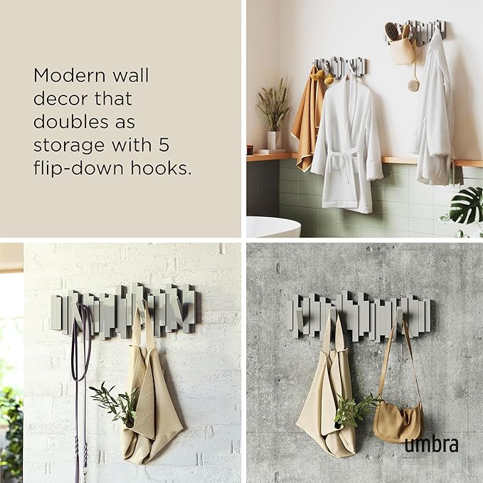 Umbra Sticks Wall-Mounted Coat Rack Rail Hook with 5 Retractable Pegs – Modern, Space-Saving Storage Organizer, Grey