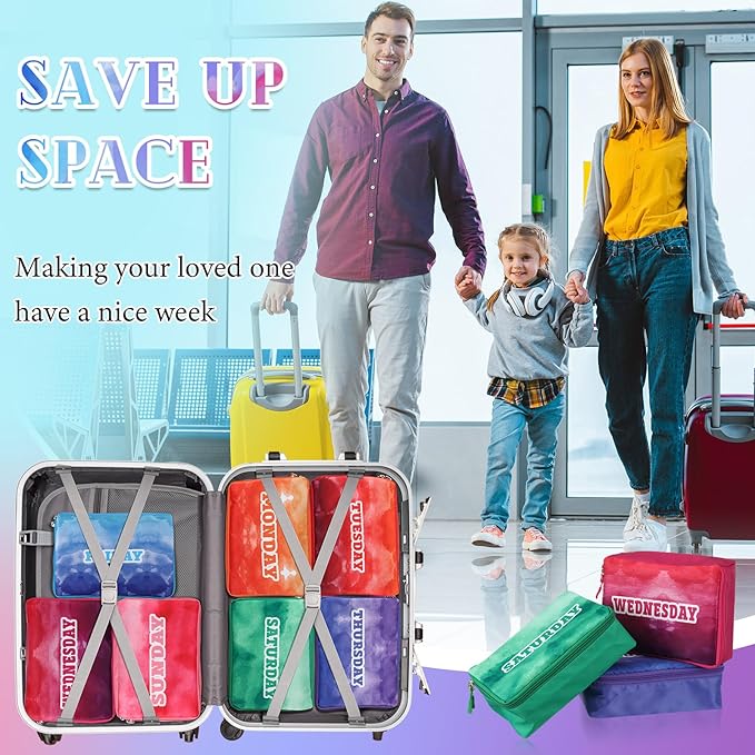 Paterr 7 Pcs Packing Cubes for Travel Kids Days of Week Compression Packing Cubes Colorful Luggage Organizers Suitcase Camp(G