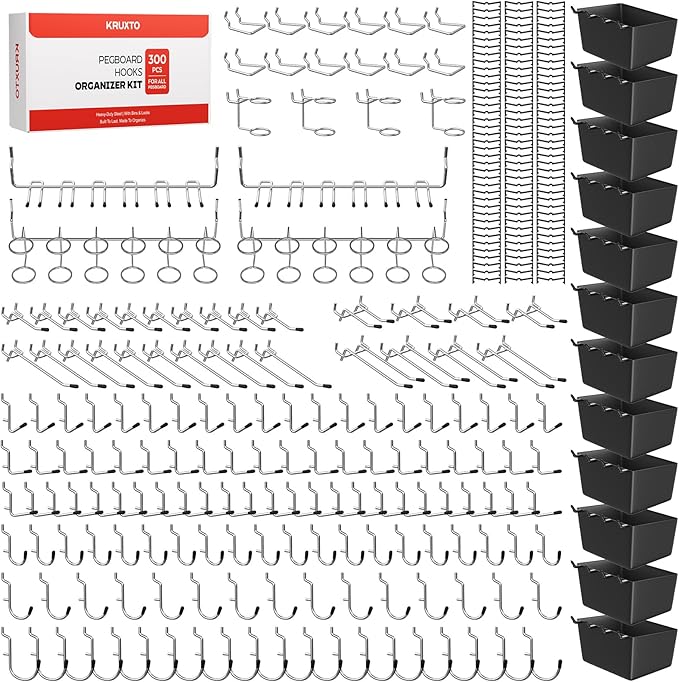 300PCS Pegboard Hooks Kit, Peg Board Organizer Accessories with Bins for Organizing Tools, Fit 1/8 or 1/4 inch Pegboard for H