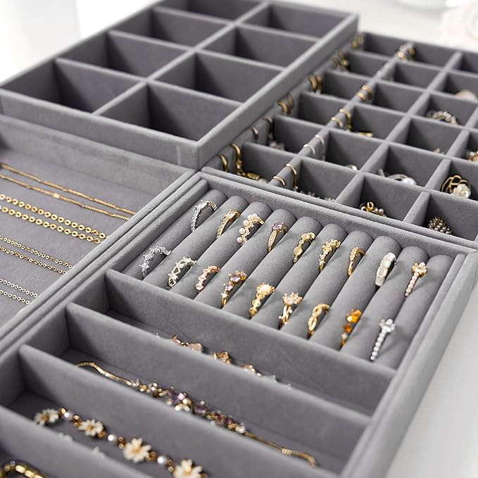 Velvet Jewelry Drawer Organizer Trays – Grey Stackable Jewelry Storage Inserts Set, 4-Layer Jewelry Tray Set for Earrings, Ri