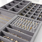 Velvet Jewelry Drawer Organizer Trays – Grey Stackable Jewelry Storage Inserts Set, 4-Layer Jewelry Tray Set for Earrings, Ri