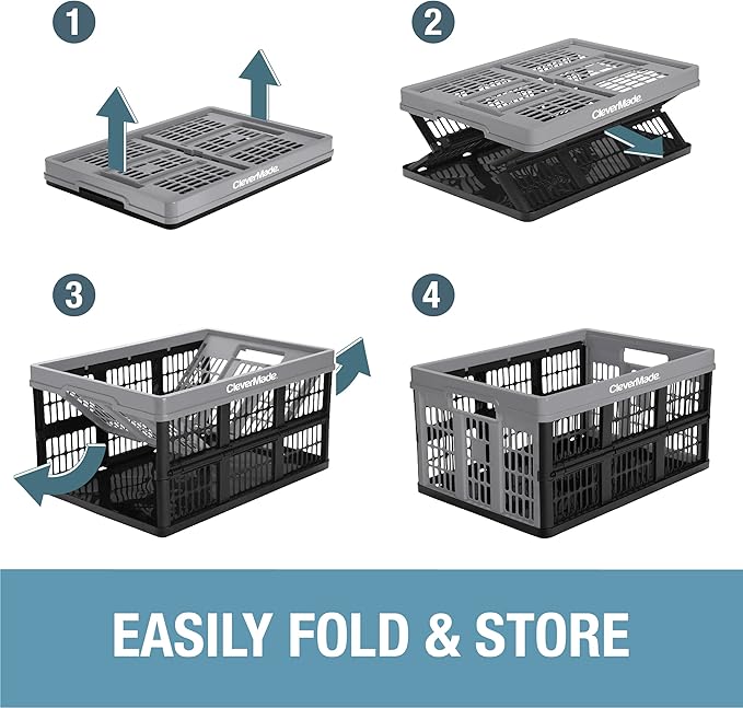 CleverMade Collapsible Utility Crate, Stone, 1PK - 32L (8 Gal) Collapsible Storage Bins, Holds 40lbs Per Bin - Plastic Stacka