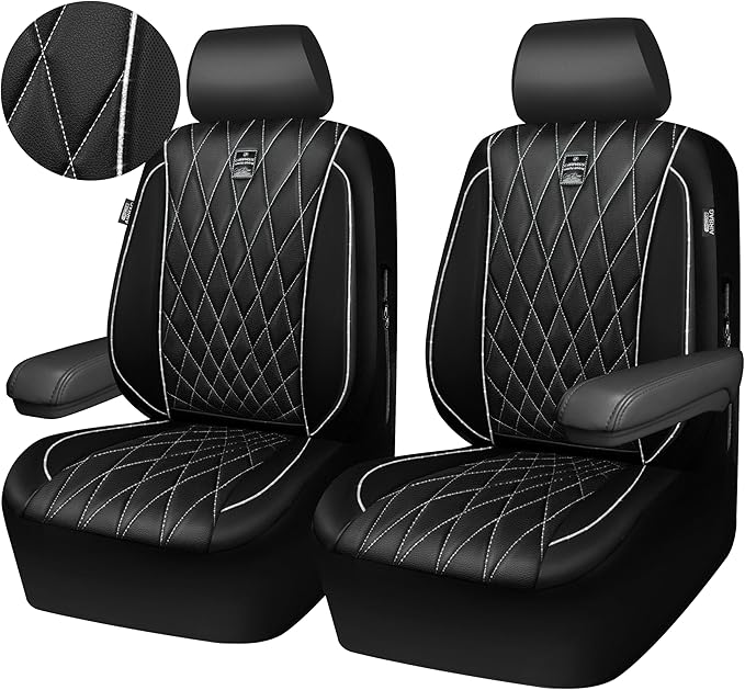 CAR PASS Piping Luxury Leather Two Front Car Seat Covers,Silver Glitter Waterproof Seat Cover Compatible with Front Seat Armr