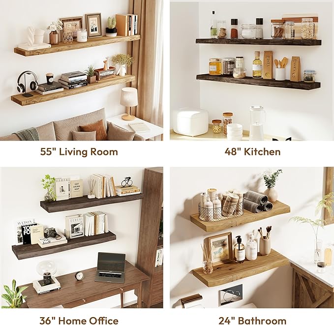 Vivelove Live Edge Floating Shelves 36 inch Long, Elm Wood Wall Display Shelf with Invisible Bracket for Living Room Bedroom 